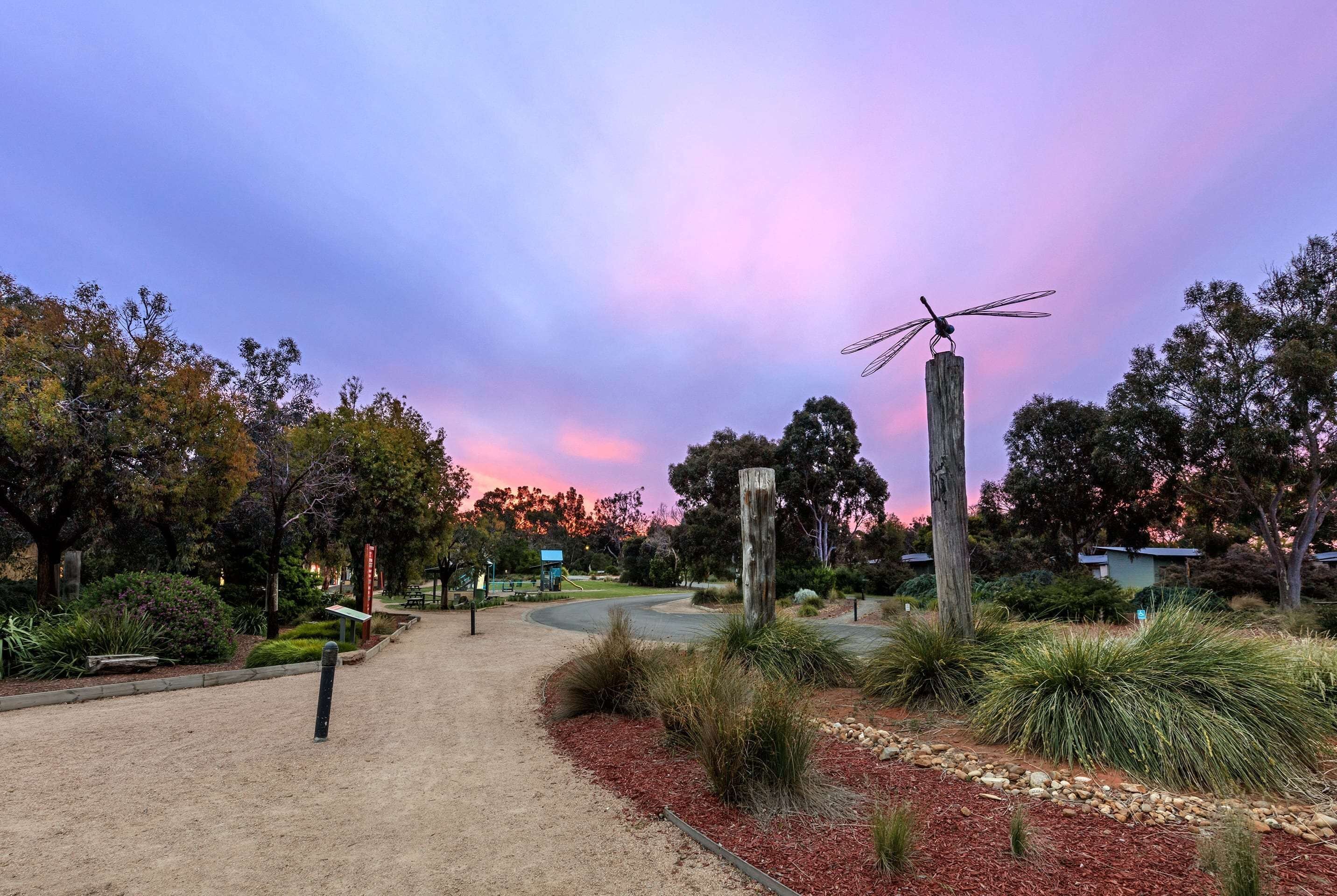 A park with a winding path, a tall wooden post with a dragonfly, and trees in the background.