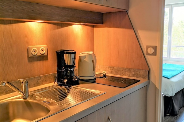 Fridge, microwave, stovetop, coffee/tea maker