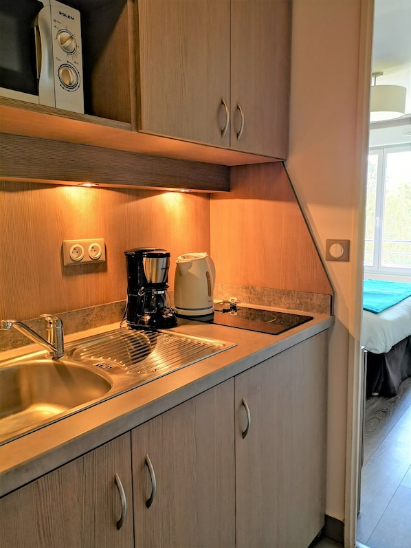 Fridge, microwave, stovetop, coffee/tea maker