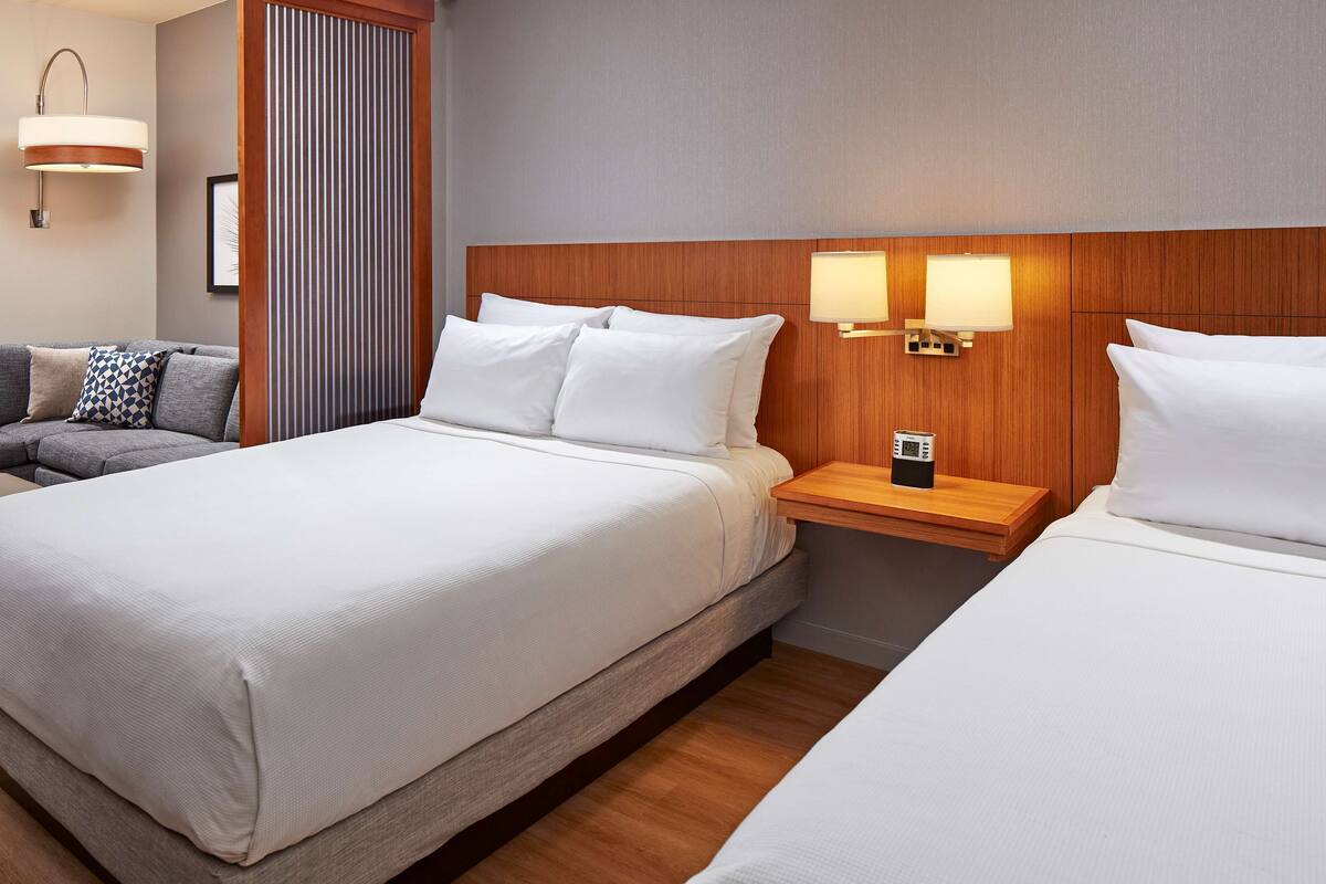 A hotel room with a large bed, a smaller bed, a nightstand with a lamp, a sofa, and a striped partition.