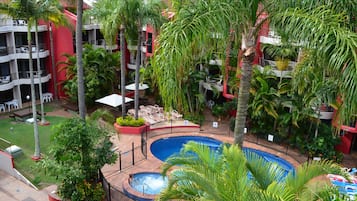 Outdoor pool, a heated pool, pool loungers