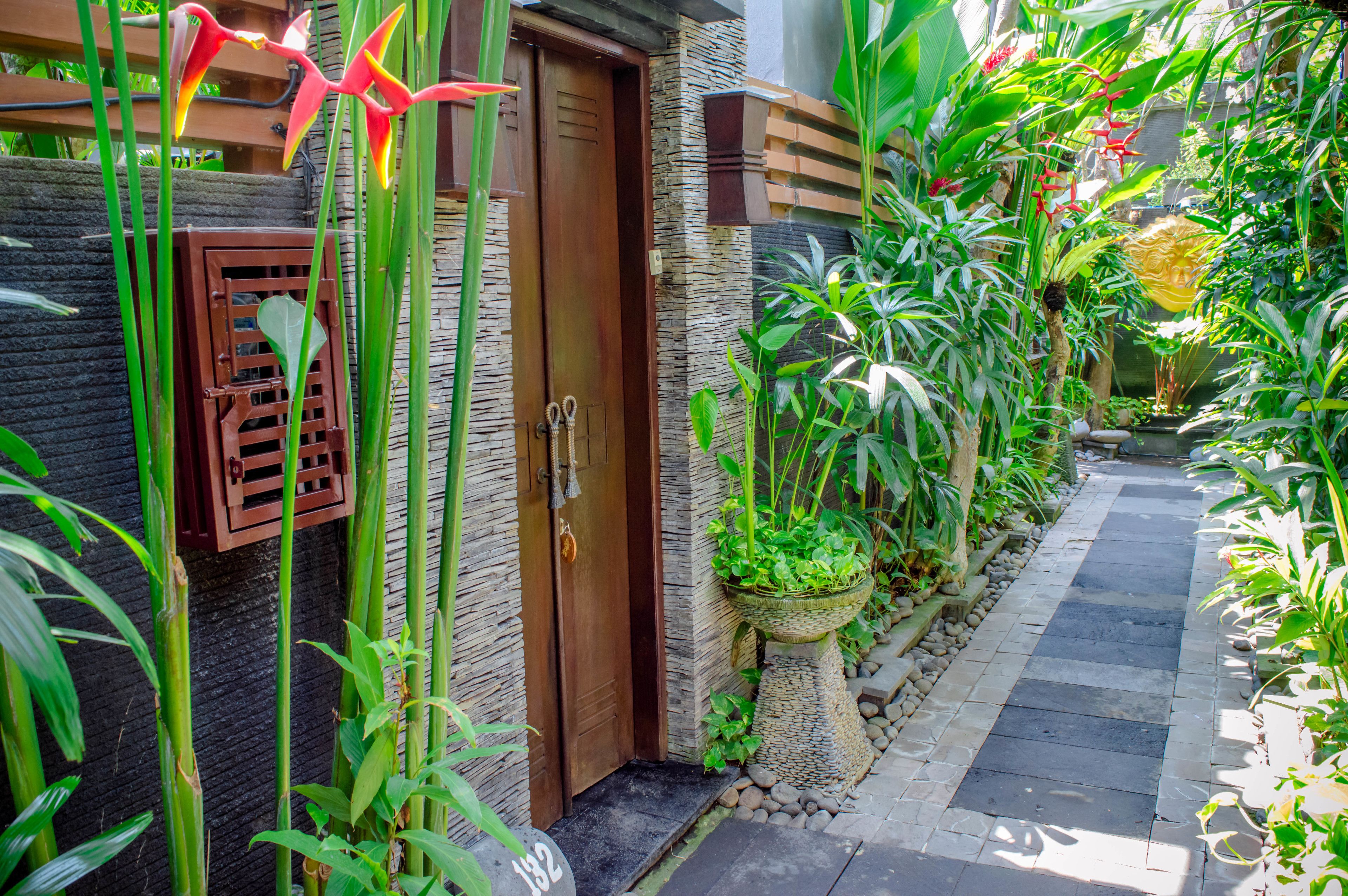 A narrow stone pathway leading to a wooden door, flanked by lush green plants and a stone wall.