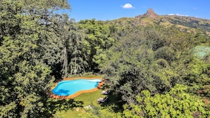 Una piscina circondata da vegetazione rigogliosa con una montagna sullo sfondo.