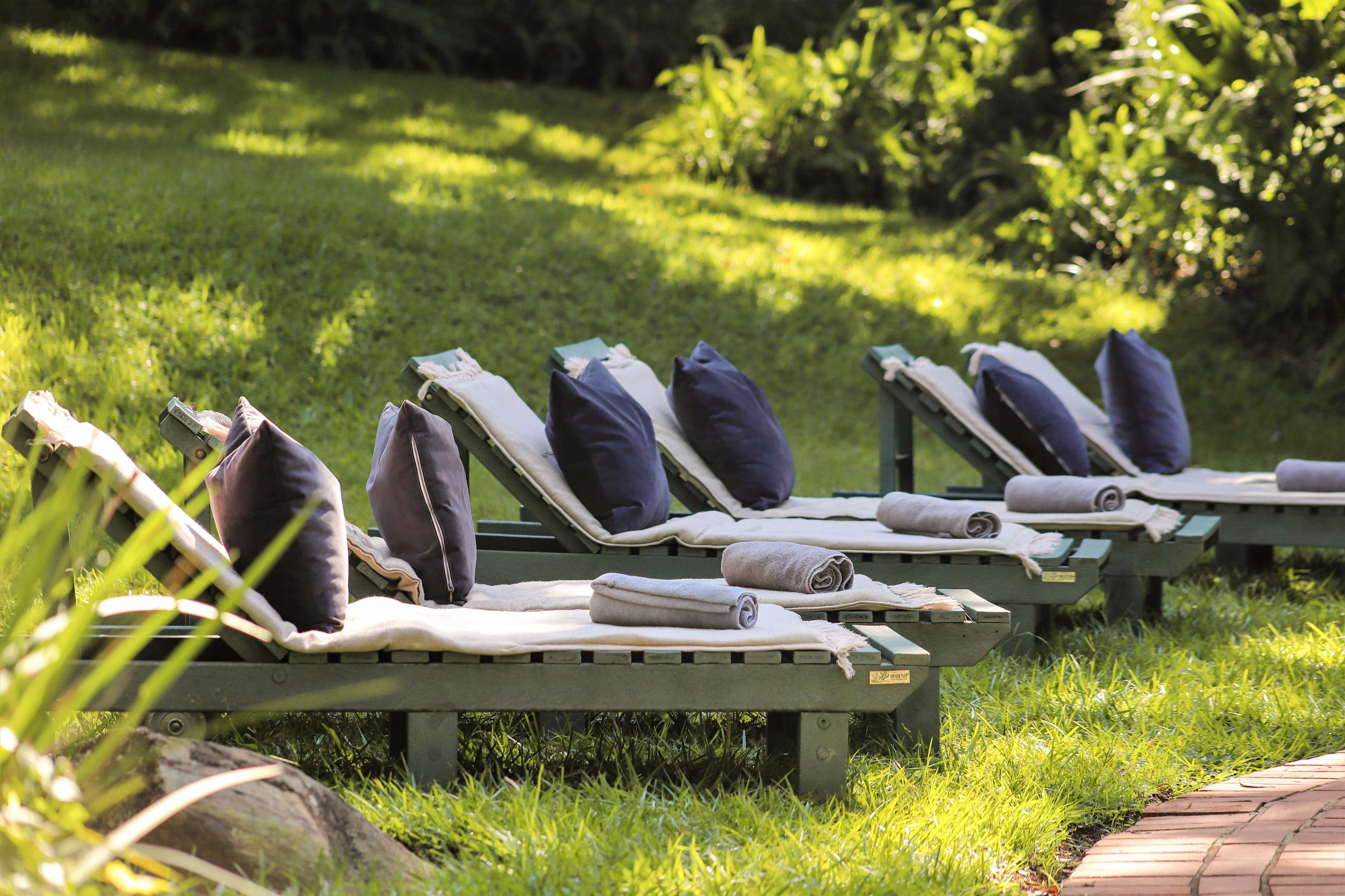 Una fila de sillas de jardín con toallas y almohadas, ubicadas en una zona verde con un sendero de ladrillo cerca.
