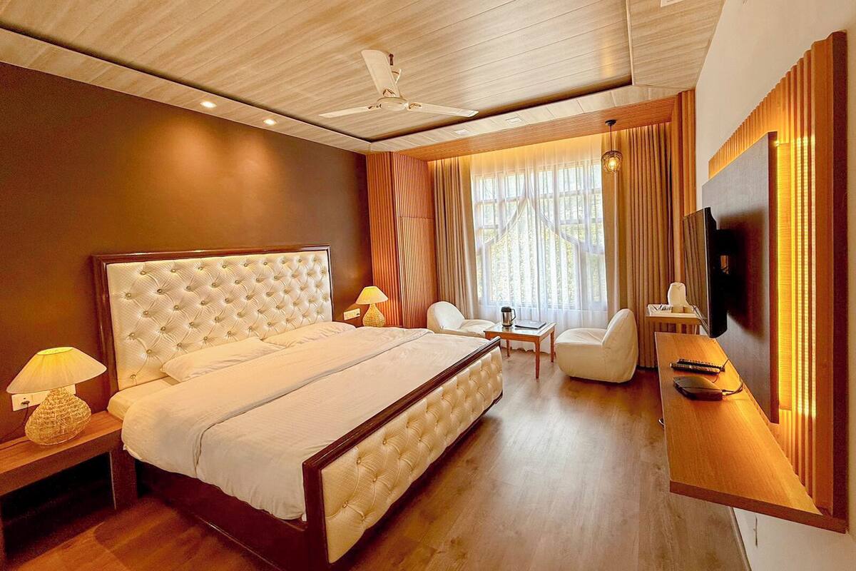 A hotel room with a large bed, a desk, a chair, a TV, and a ceiling fan.