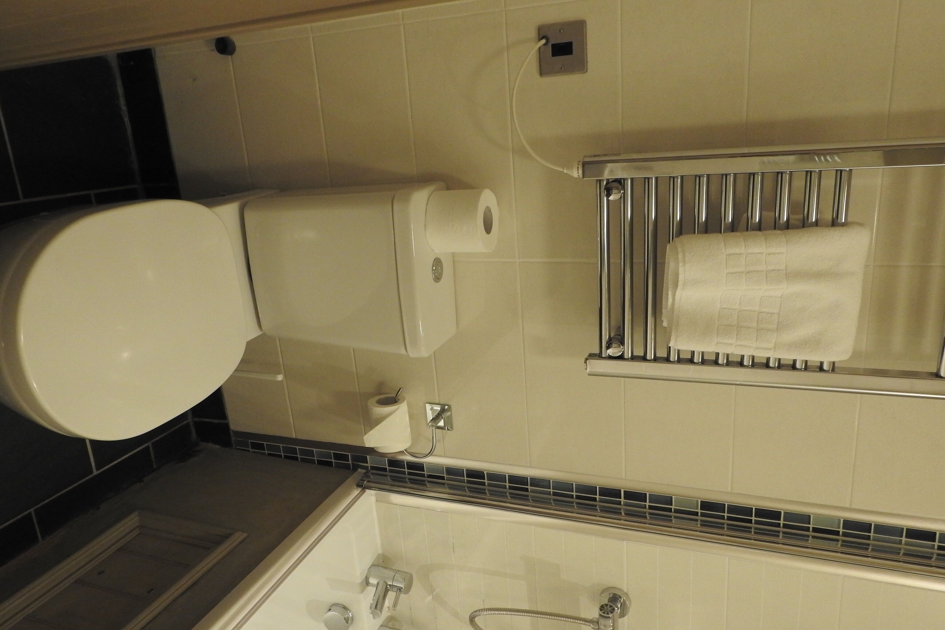 A bathroom with a toilet, a towel rack, and a bathtub.