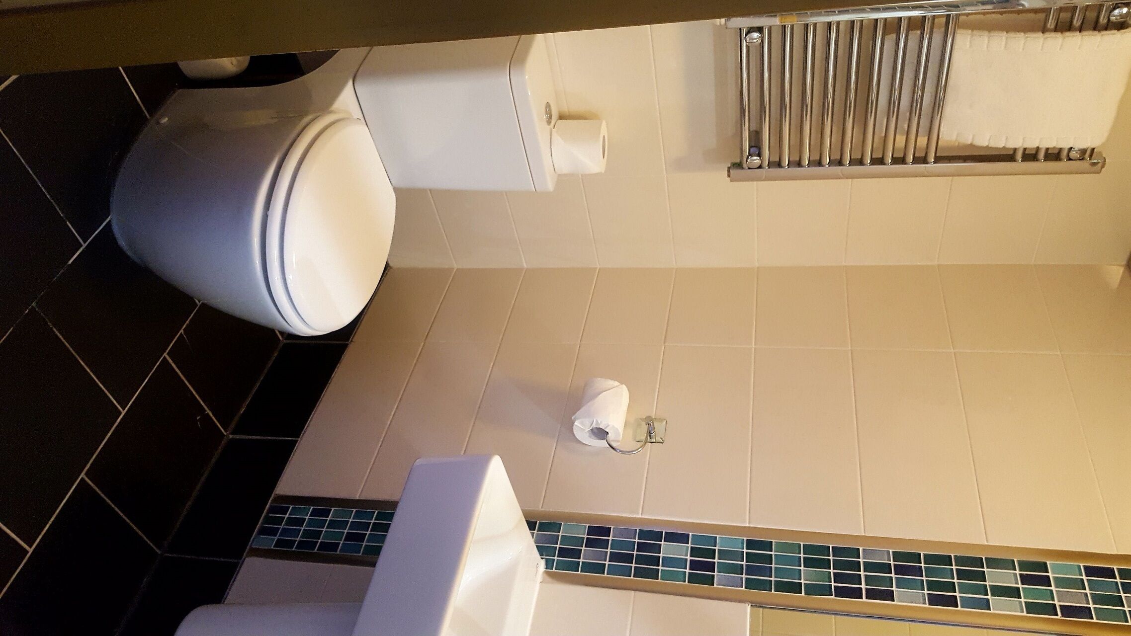Ein Badezimmer mit Toilette, Handtuchhalter und Toilettenpapierhalter.