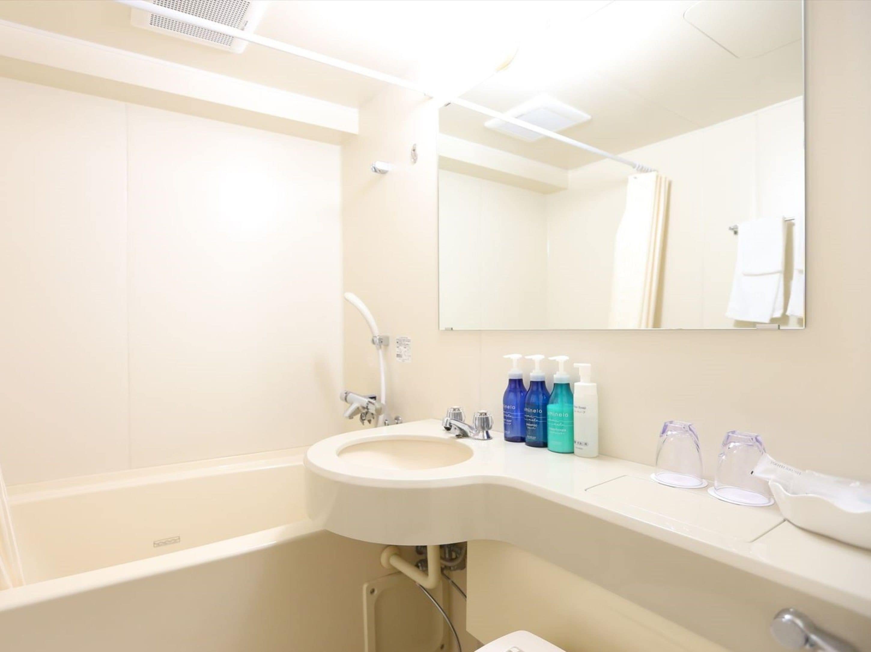 combined shower/bathtub, free toiletries, hair dryer, slippers