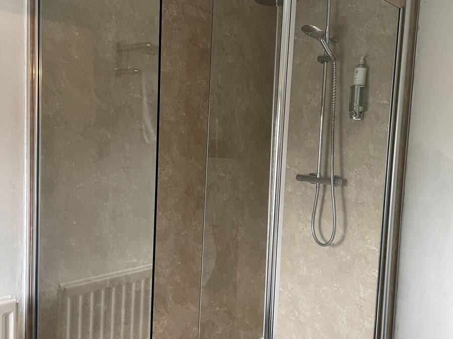 A glass-enclosed shower area with a white bathtub and a handheld showerhead.