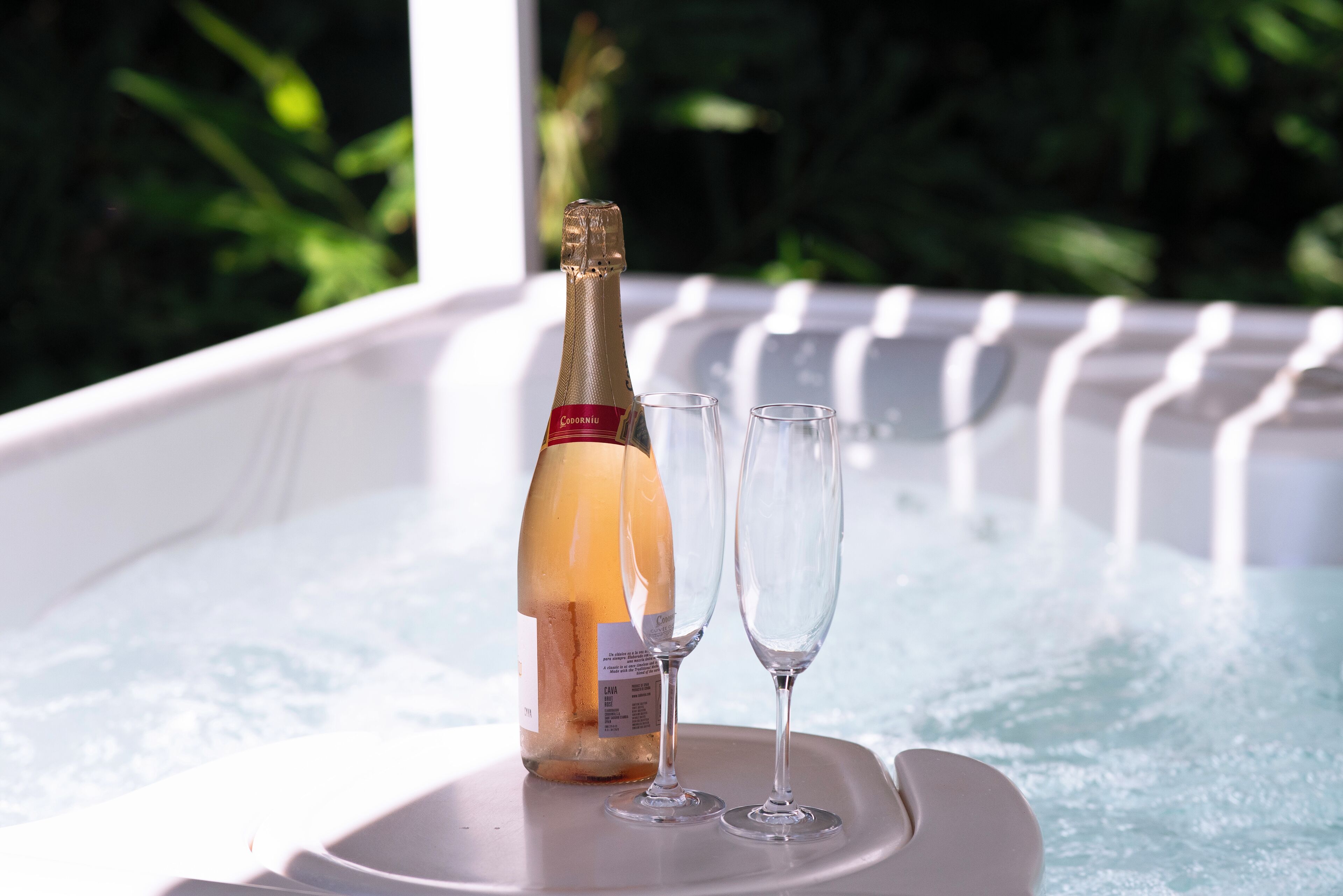 A bottle of champagne and two glasses on a tray in a hot tub.