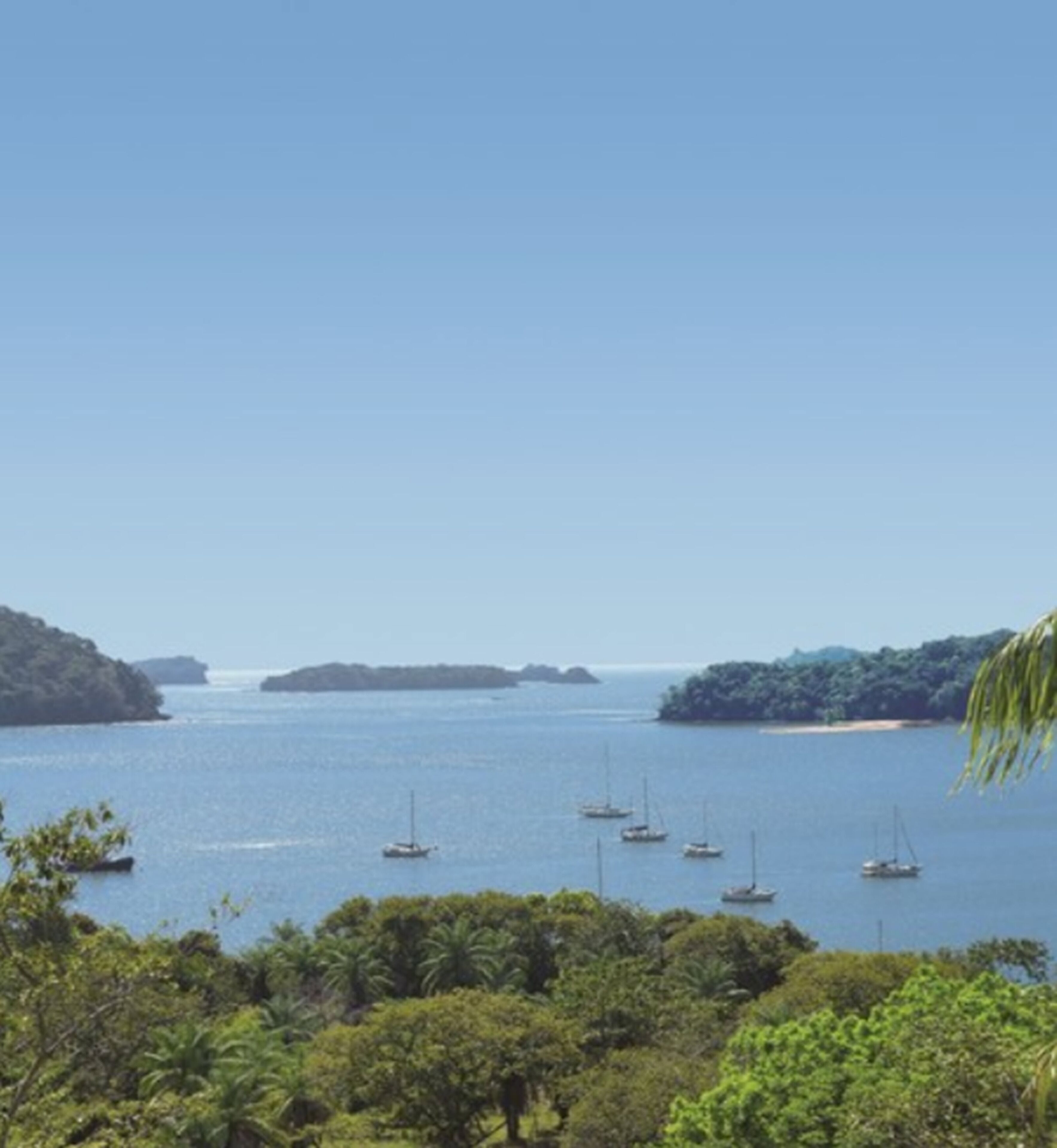 A coastal view with several boats on calm waters, surrounded by lush greenery and distant islands.