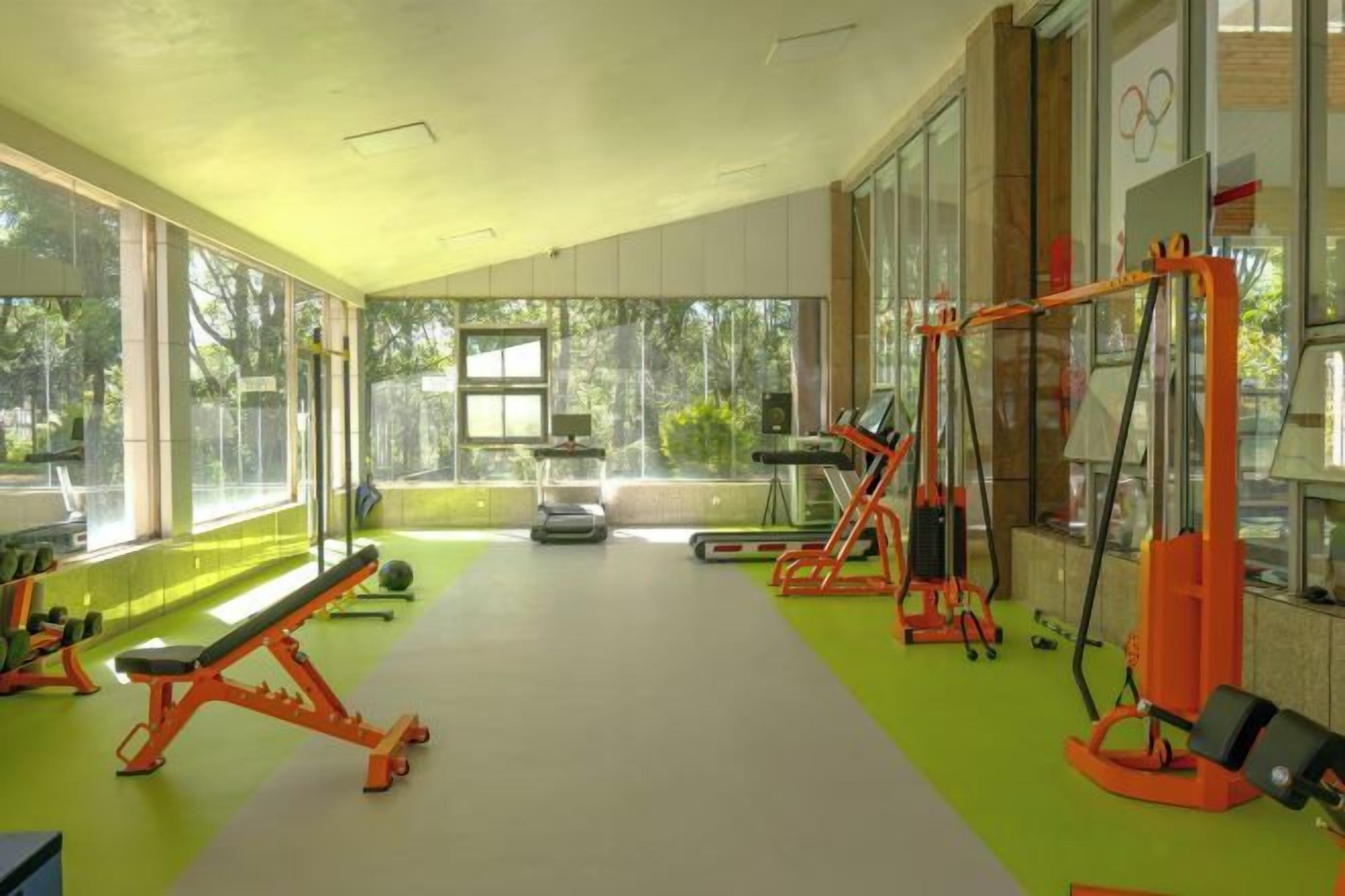 Uma academia com equipamentos de ginástica, amplas janelas e piso verde.