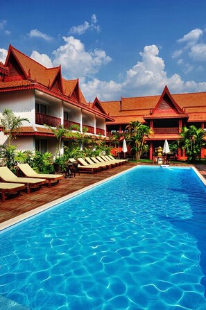 Outdoor pool, pool umbrellas, pool loungers