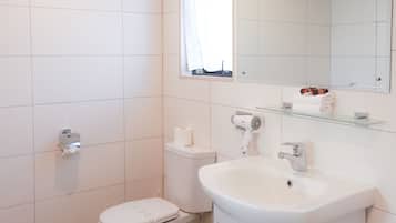 Een badkamer met toilet, wastafel en spiegel.