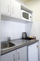 Fridge, microwave, coffee/tea maker, electric kettle