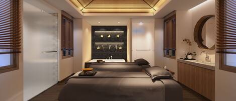 A modern bedroom with a large bed, a built-in wall shelf with decorative items, and a wooden ceiling.