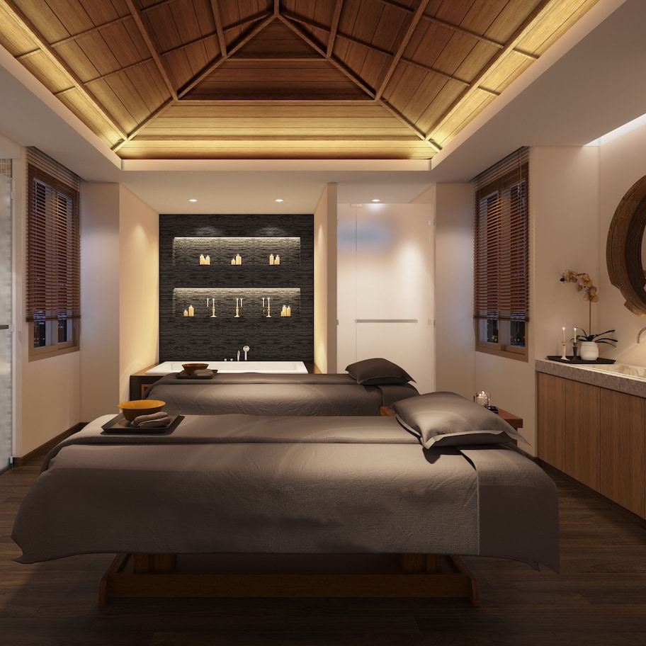 A modern bedroom with a large bed, a built-in wall shelf with decorative items, and a wooden ceiling.