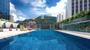 Seasonal outdoor pool, pool umbrellas, sun loungers
