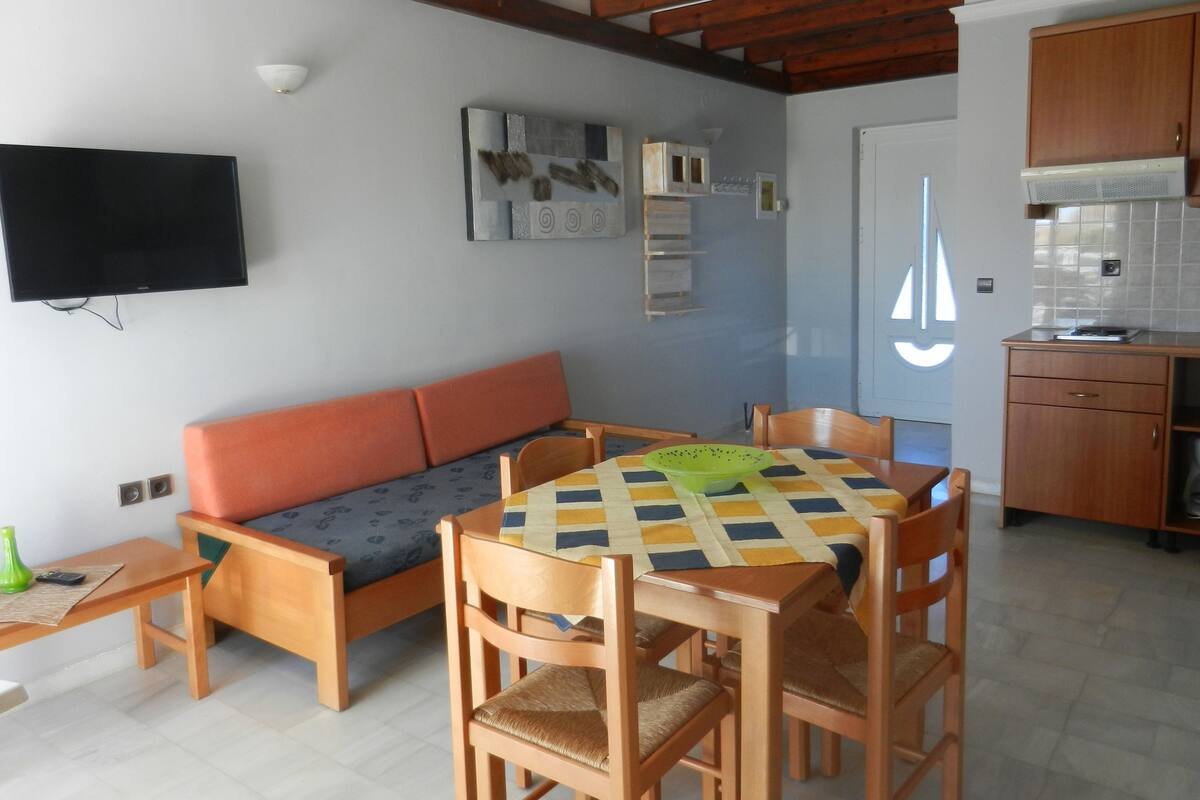 A compact living space with a sofa, dining table, chairs, a TV, and a kitchenette.