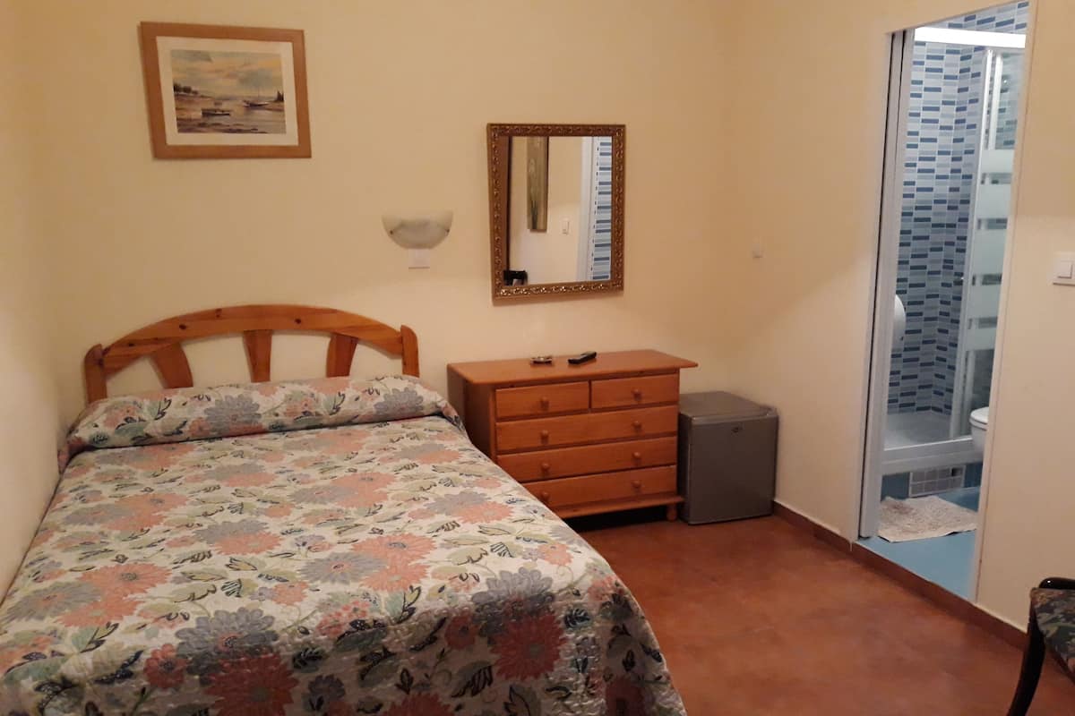 Un dormitori amb llit, tocador, mirall i vista al bany, que té dutxa revestida de rajoles.
