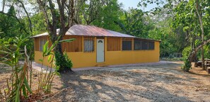 A yellow building with a metal roof, surrounded by trees and vegetation.
