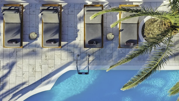 A rooftop pool area with lounge chairs and a palm tree. - Strogili Hotel - Adults Only (Santorini)