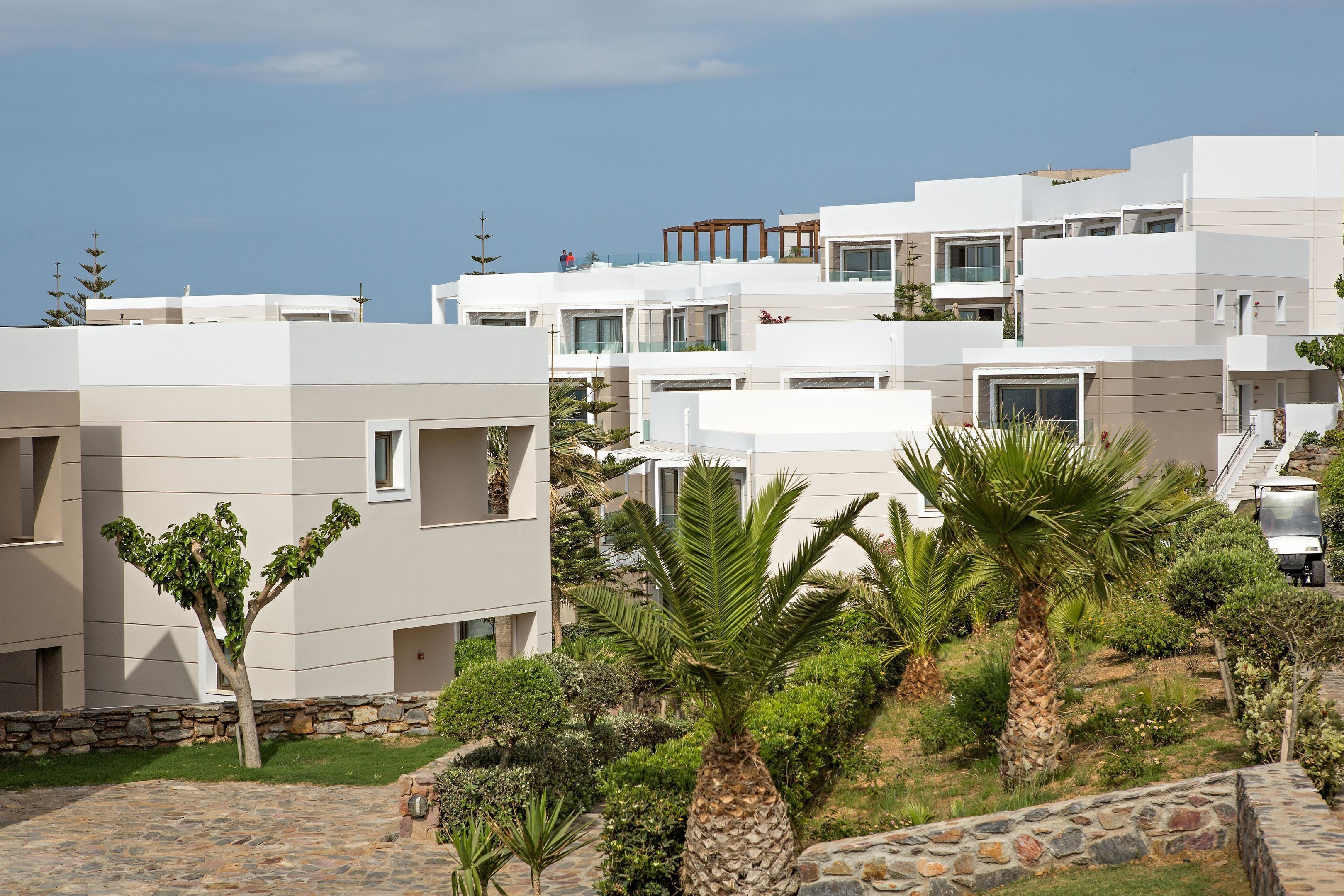 A modern hotel with multiple white buildings, stone pathways, and palm trees.