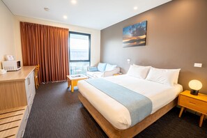 In-room safe, desk, laptop workspace, blackout curtains