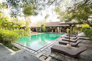 Outdoor pool, pool umbrellas, pool loungers