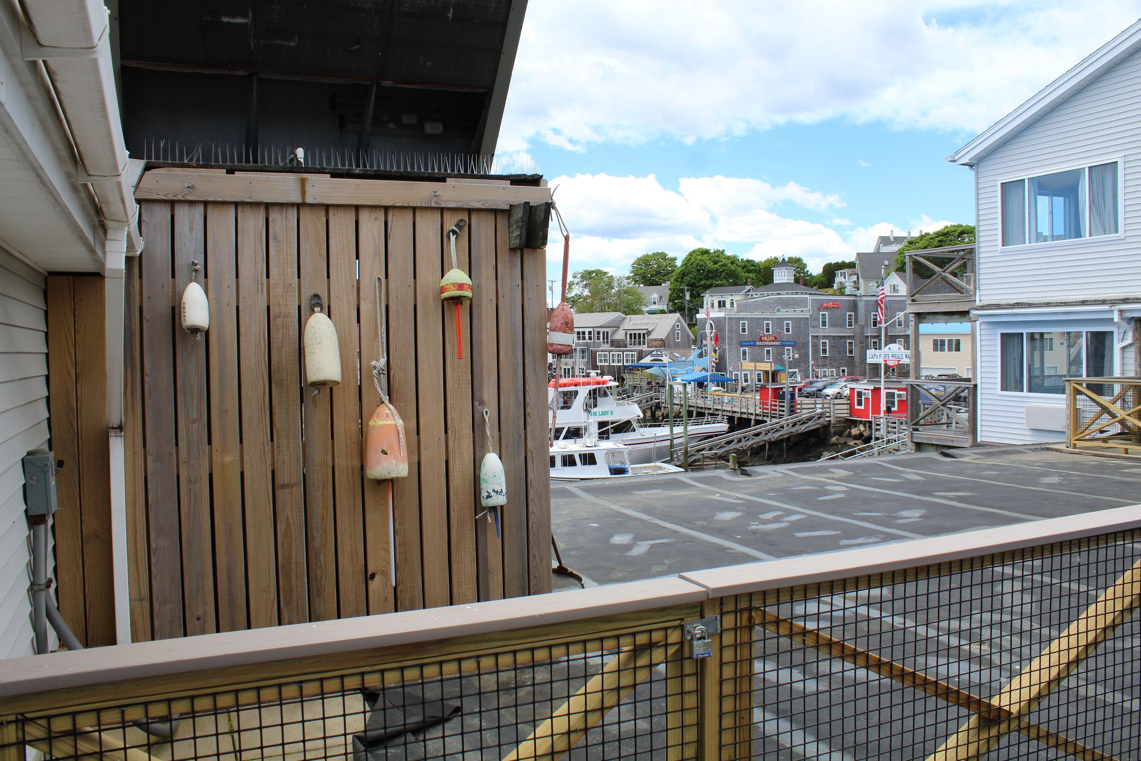 Una terraza de madera con boyas, un puerto deportivo con barcos y edificios al fondo.