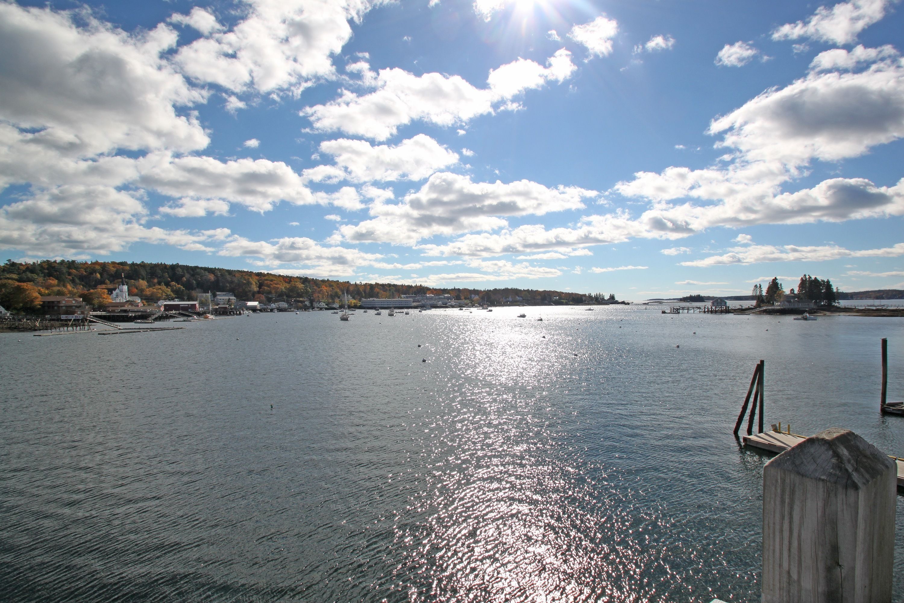 A calm body of water with a dock, a clear sky, and a distant shoreline with buildings and trees.