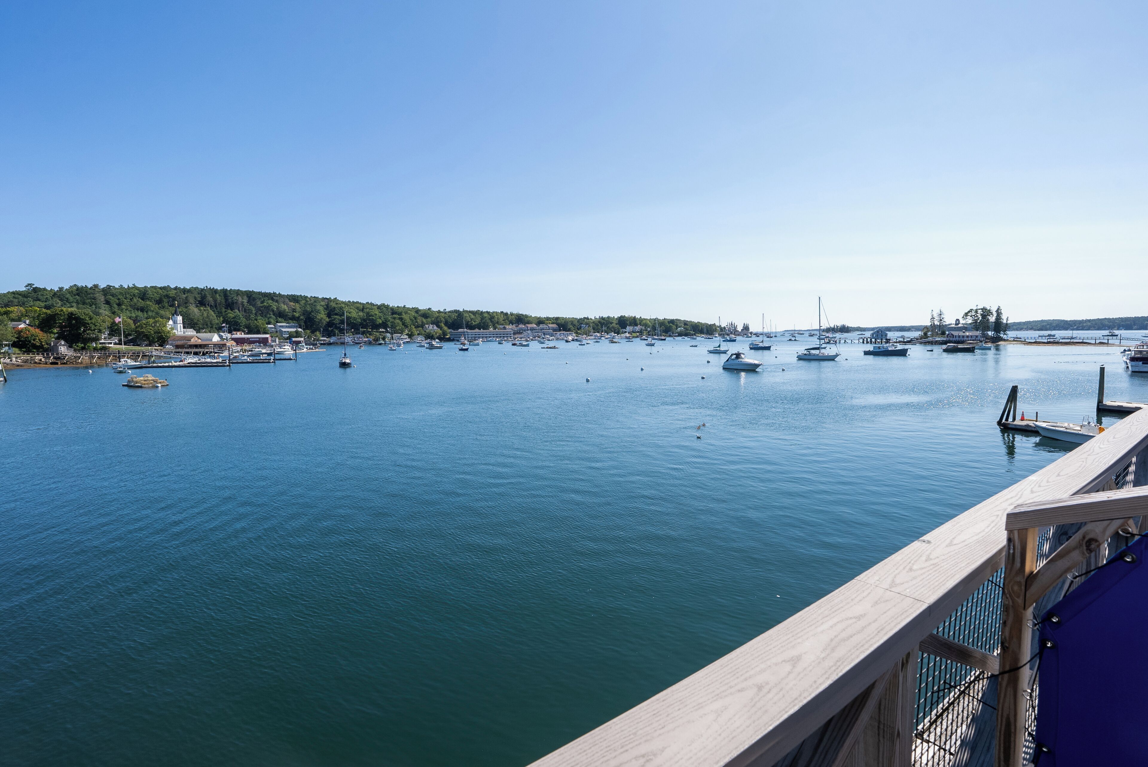 A marina with boats docked, a wooden pier, and a forested hill in the background.