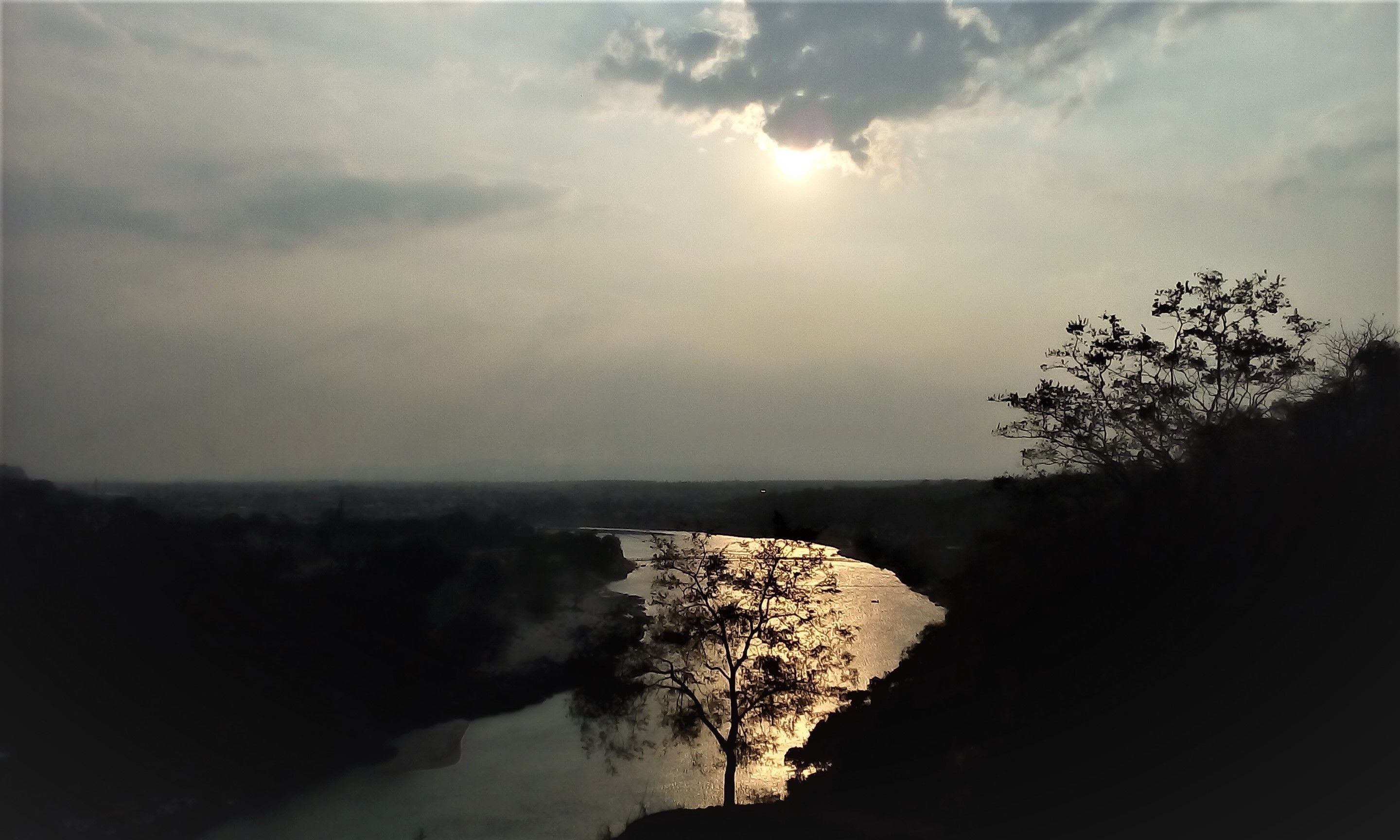 Une rivière bordée d’arbres dont les feuilles reflètent la lumière du soleil, le tout entouré de collines.
