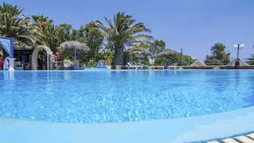 Seasonal outdoor pool, pool umbrellas, pool loungers