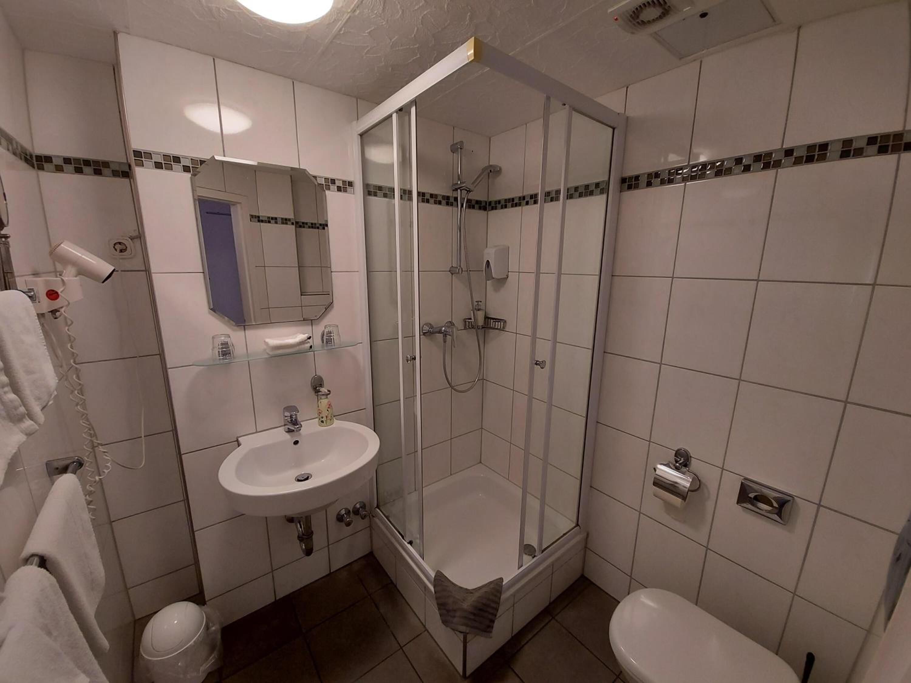 Un baño moderno con ducha de vidrio, lavamanos blanco y un inodoro.