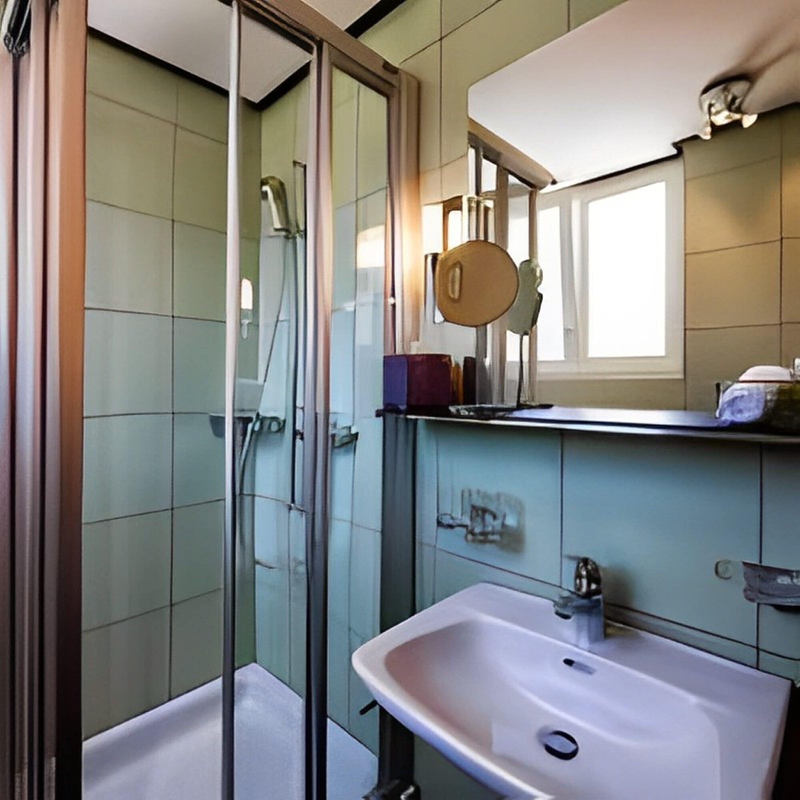 Un baño con cabina de ducha de vidrio, un lavamanos blanco y un espejo encima.