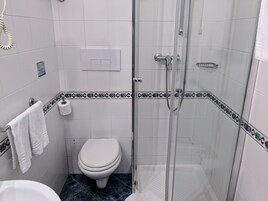 A bathroom with a toilet, a shower, and a sink.