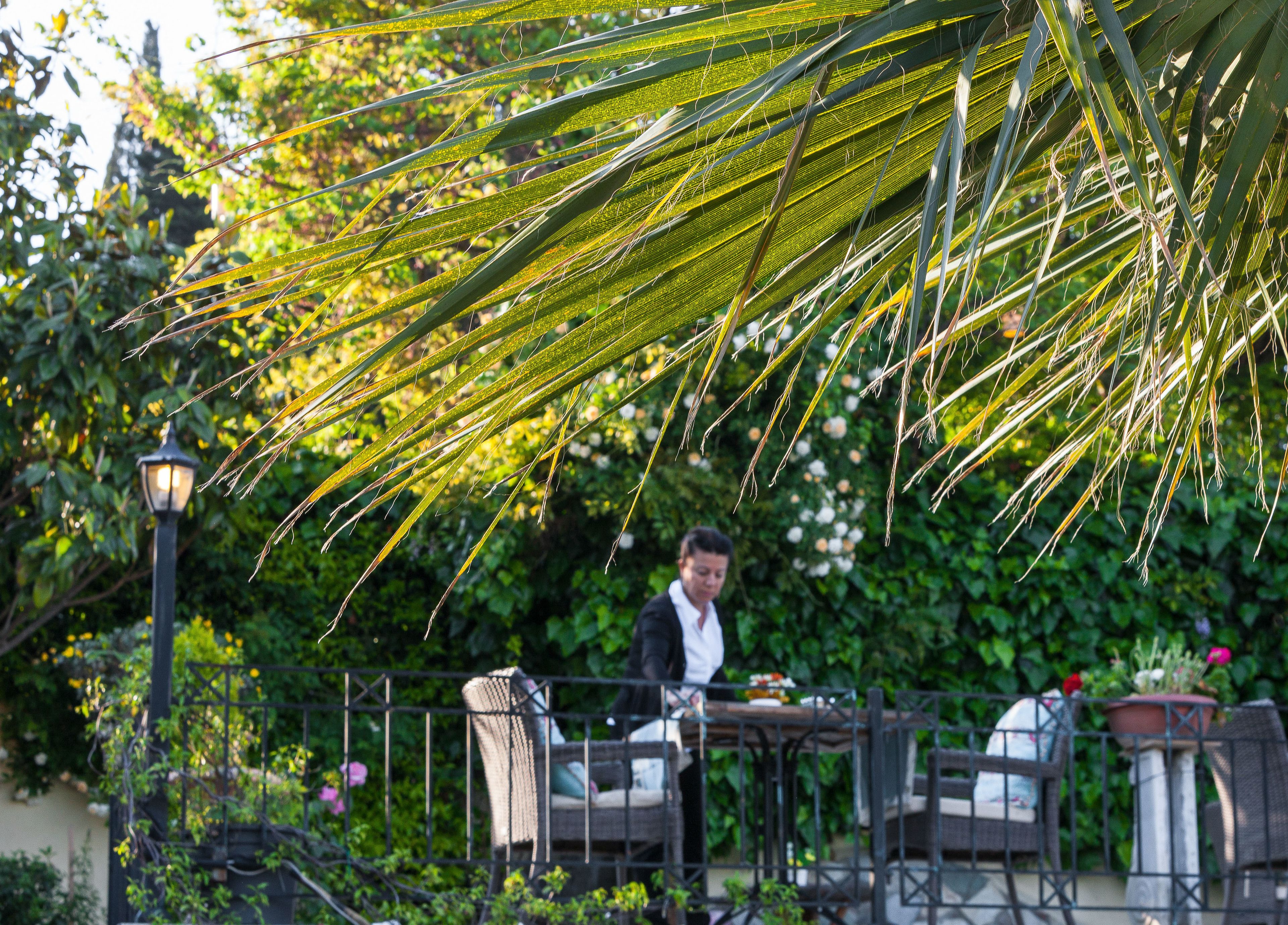 An outdoor dining area with a table and chairs, surrounded by greenery and a lamp post.