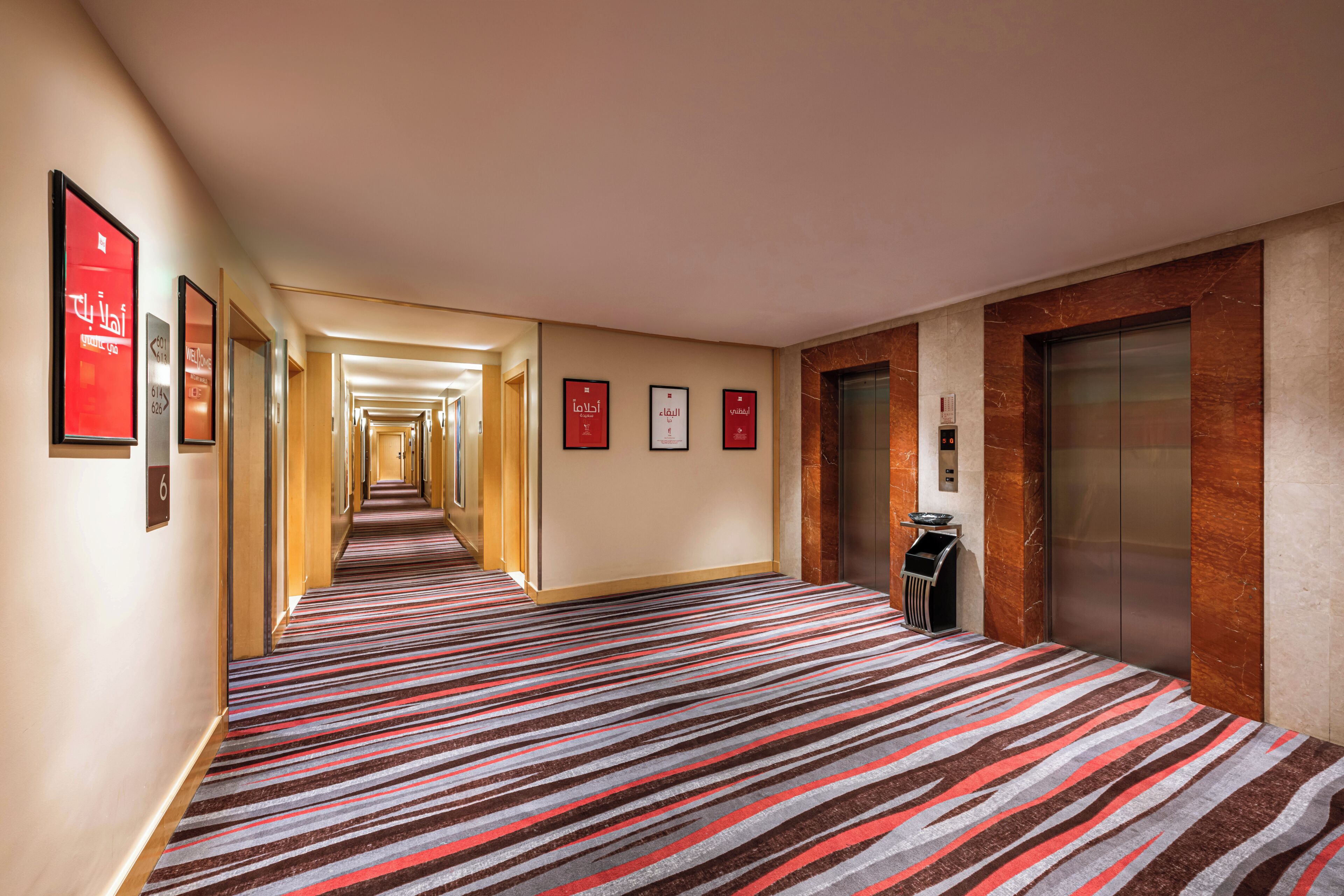 Un pasillo de hotel con alfombra estampada, carteles enmarcados en las paredes y un ascensor.