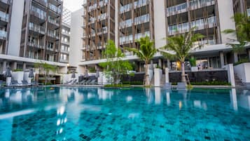 Outdoor pool, pool umbrellas, pool loungers