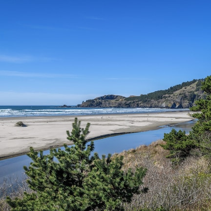 A coastal landscape with a beach, a small water body, and a forested area.