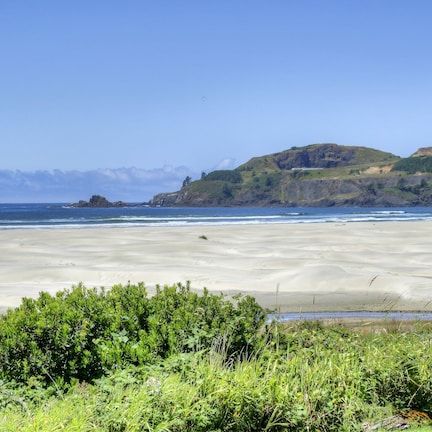A coastal landscape with a sandy beach, green vegetation, and rocky hills in the background.