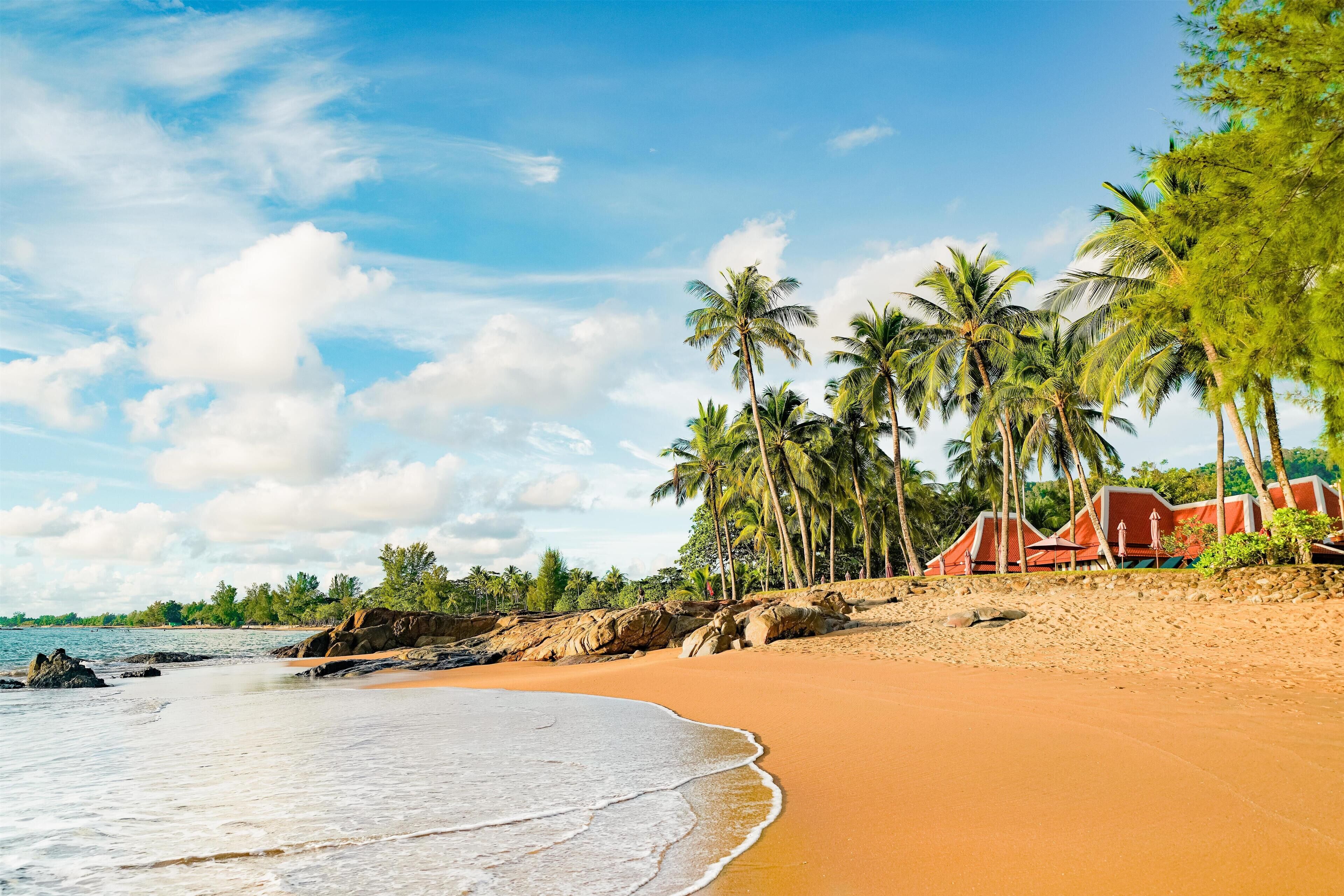 Ein Strand mit Palmen, sandigem Ufer und Gebäuden mit roten Dächern.