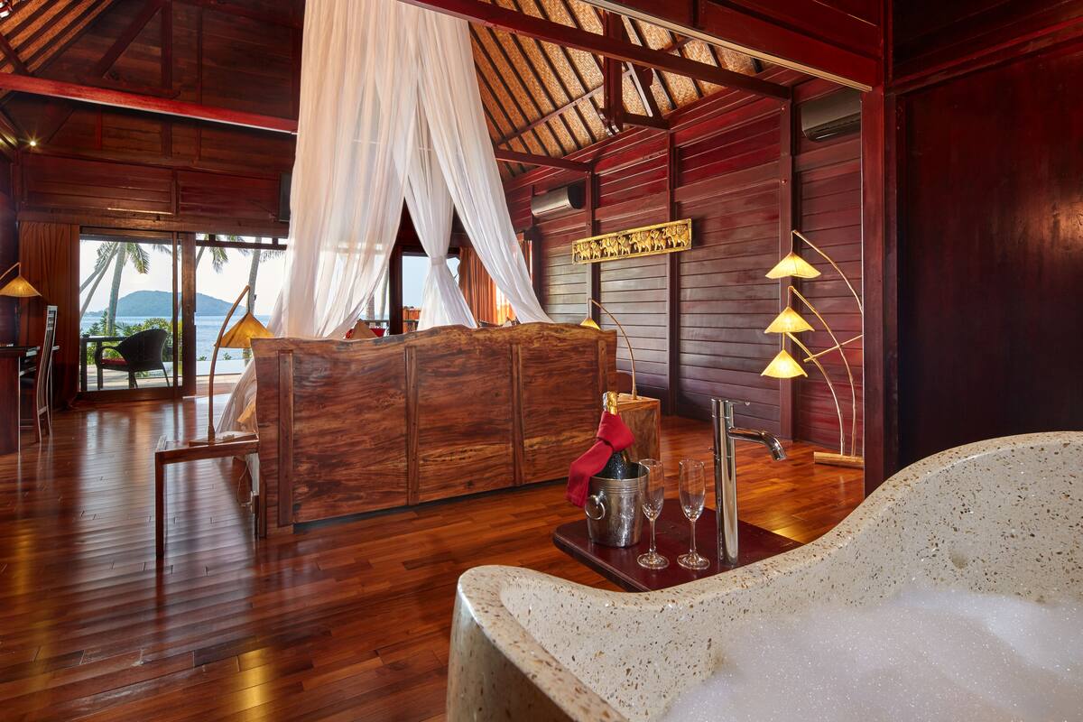 sea view pool villa | bathroom | designer toiletries, hair dryer, bathrobes, slippers