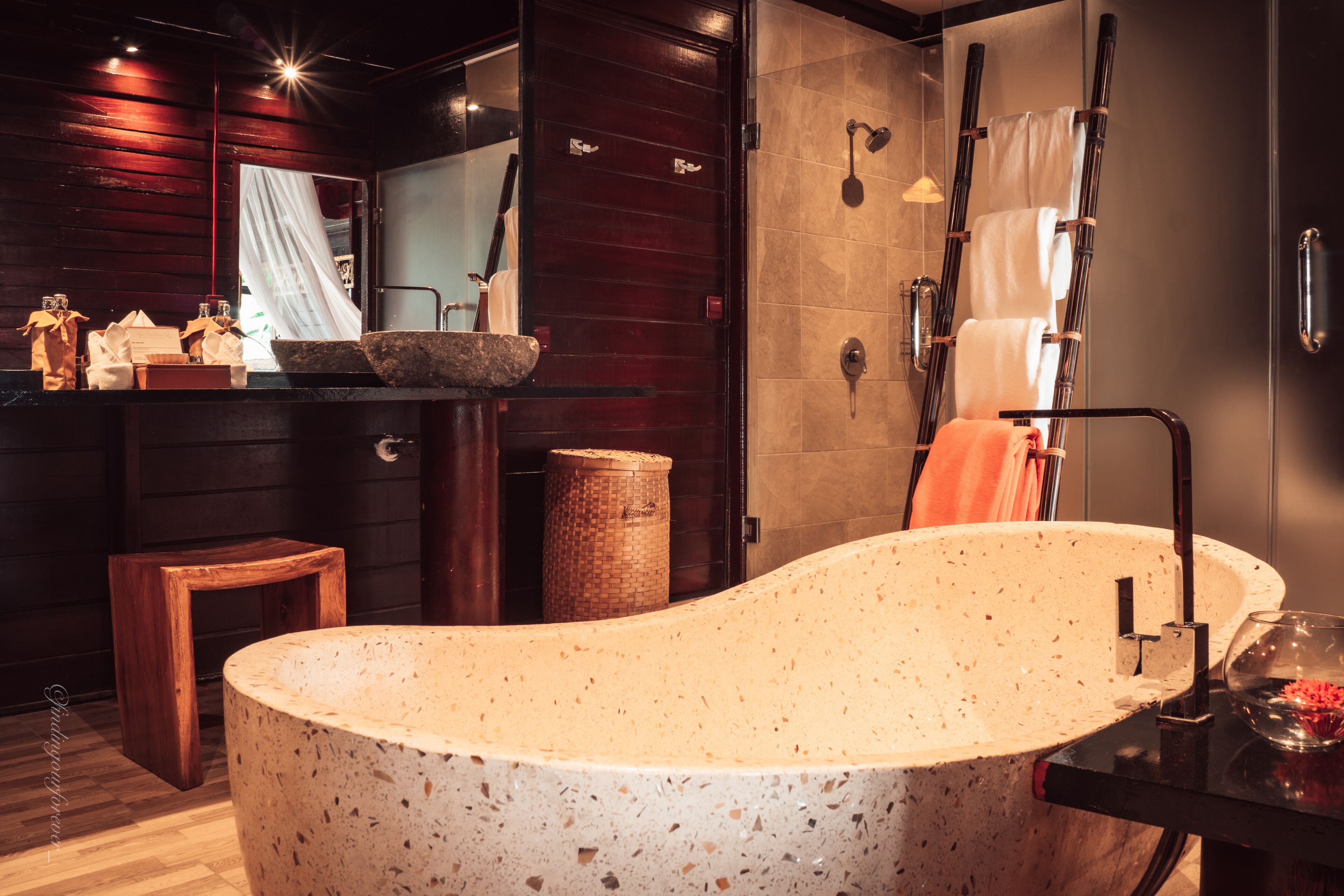 family pool villa | bathroom | designer toiletries, hair dryer, bathrobes, slippers