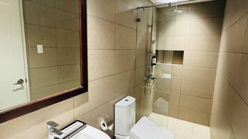 Regadera, secadora de cabello, bidet, toallas