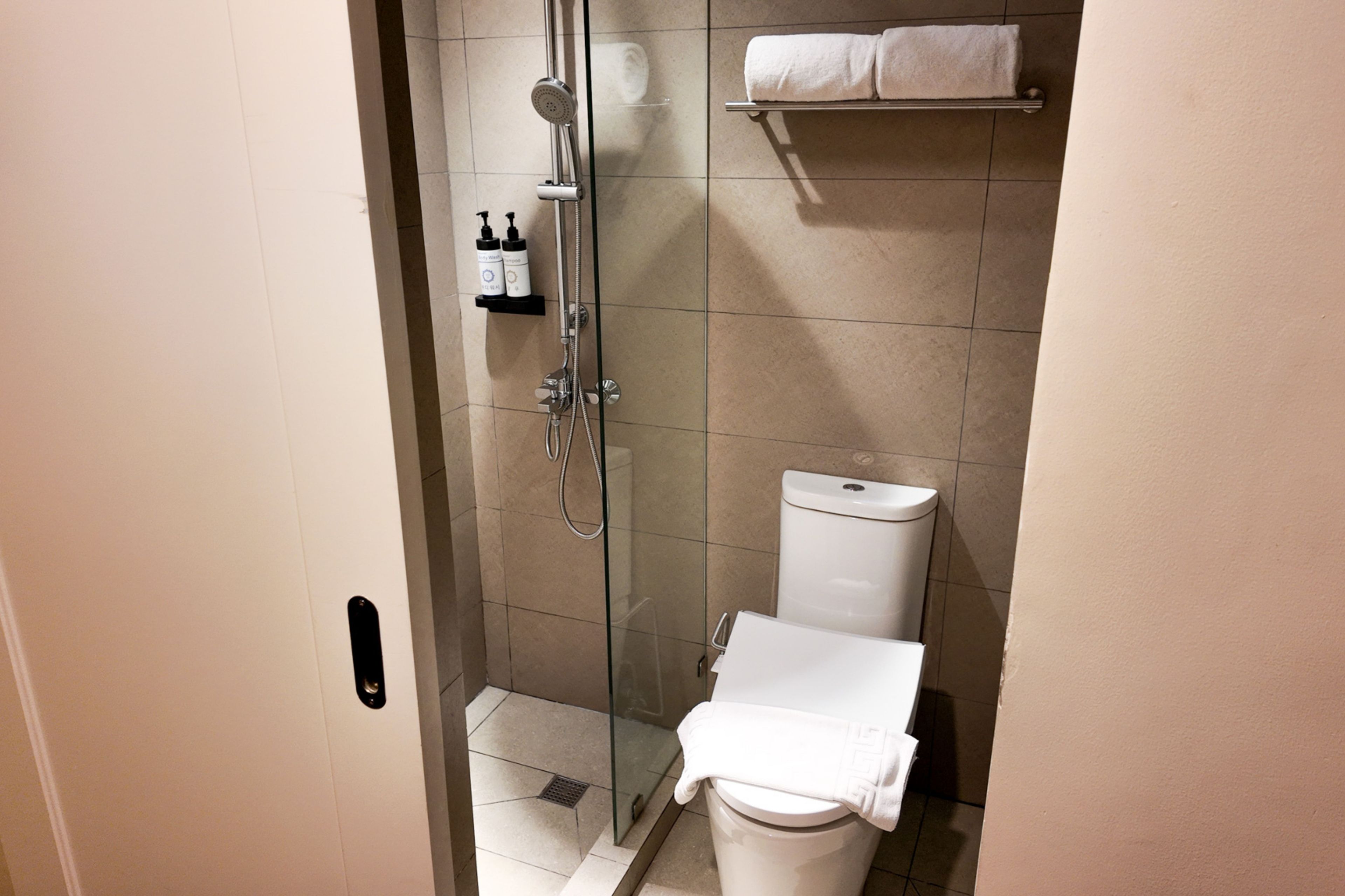 A bathroom with a glass-enclosed shower, a toilet, and a shelf with toiletries.