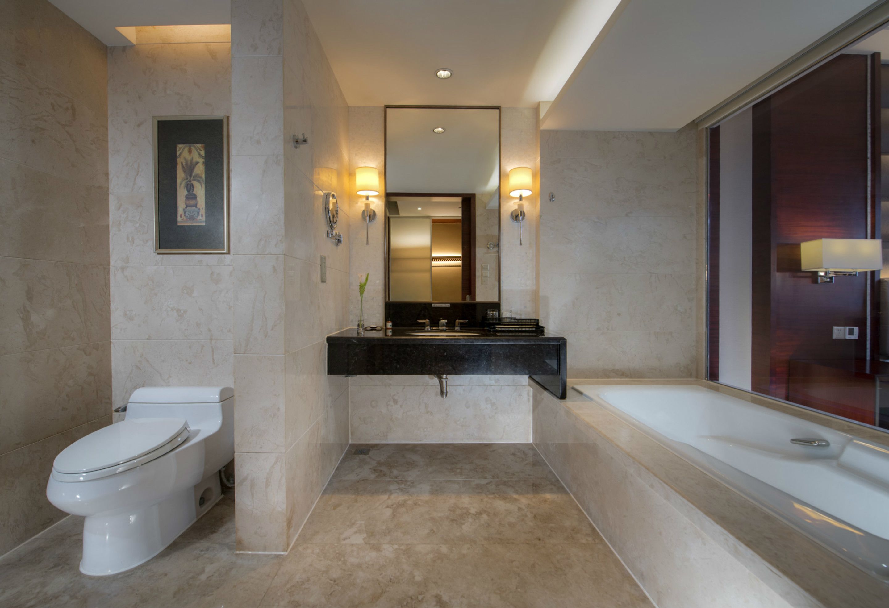 separate bathtub and shower, deep-soaking bathtub, rainfall showerhead