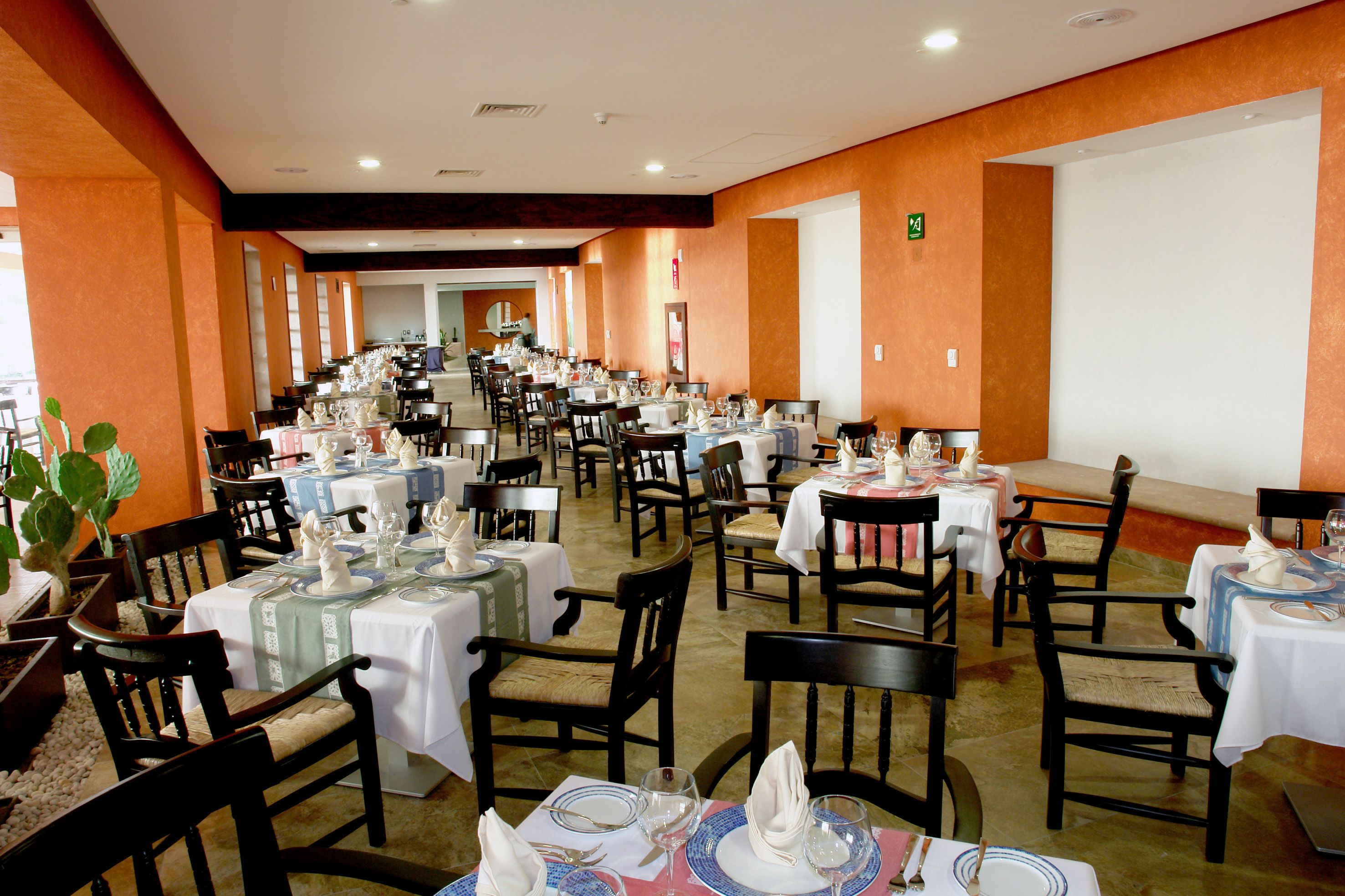 A large dining hall with multiple tables set for meals, chairs, and a few potted plants.