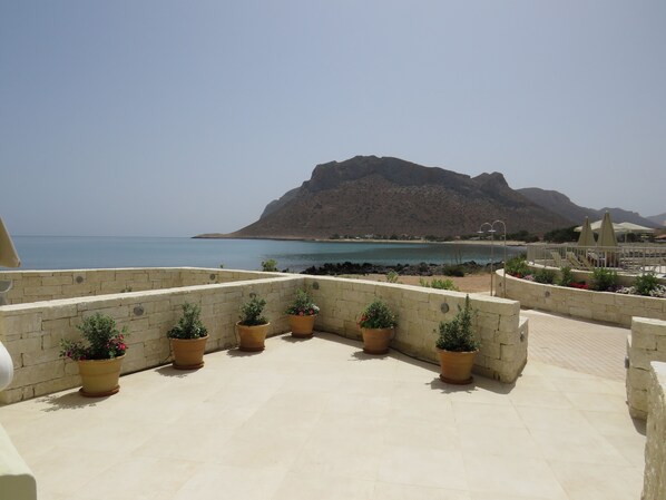 Une terrasse agrémentée de plantes en pot, une vue sur la mer et une montagne en arrière-plan.